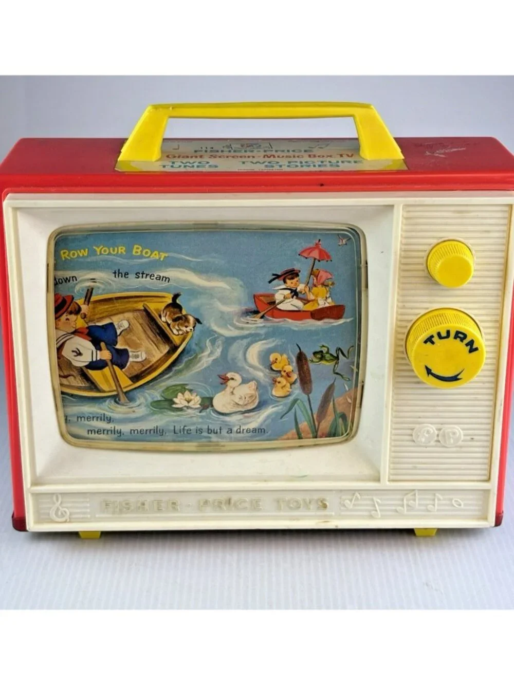 Vintage 1966 Fisher Price Toys GIANT SCREEN MUSIC BOX TV Two Tunes TV, Works!
